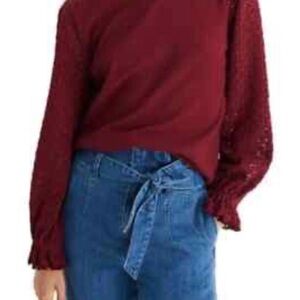 Madewell Burgundy Eyelet Ruffle Sleeve light weight Sweater Like New